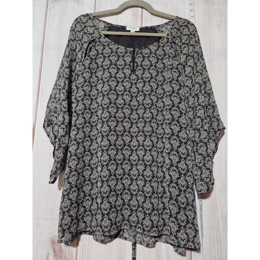 Umgee USA Women's Black Beige Floral Print Sheer Sleeve‎ Tunic Top L Chiffon